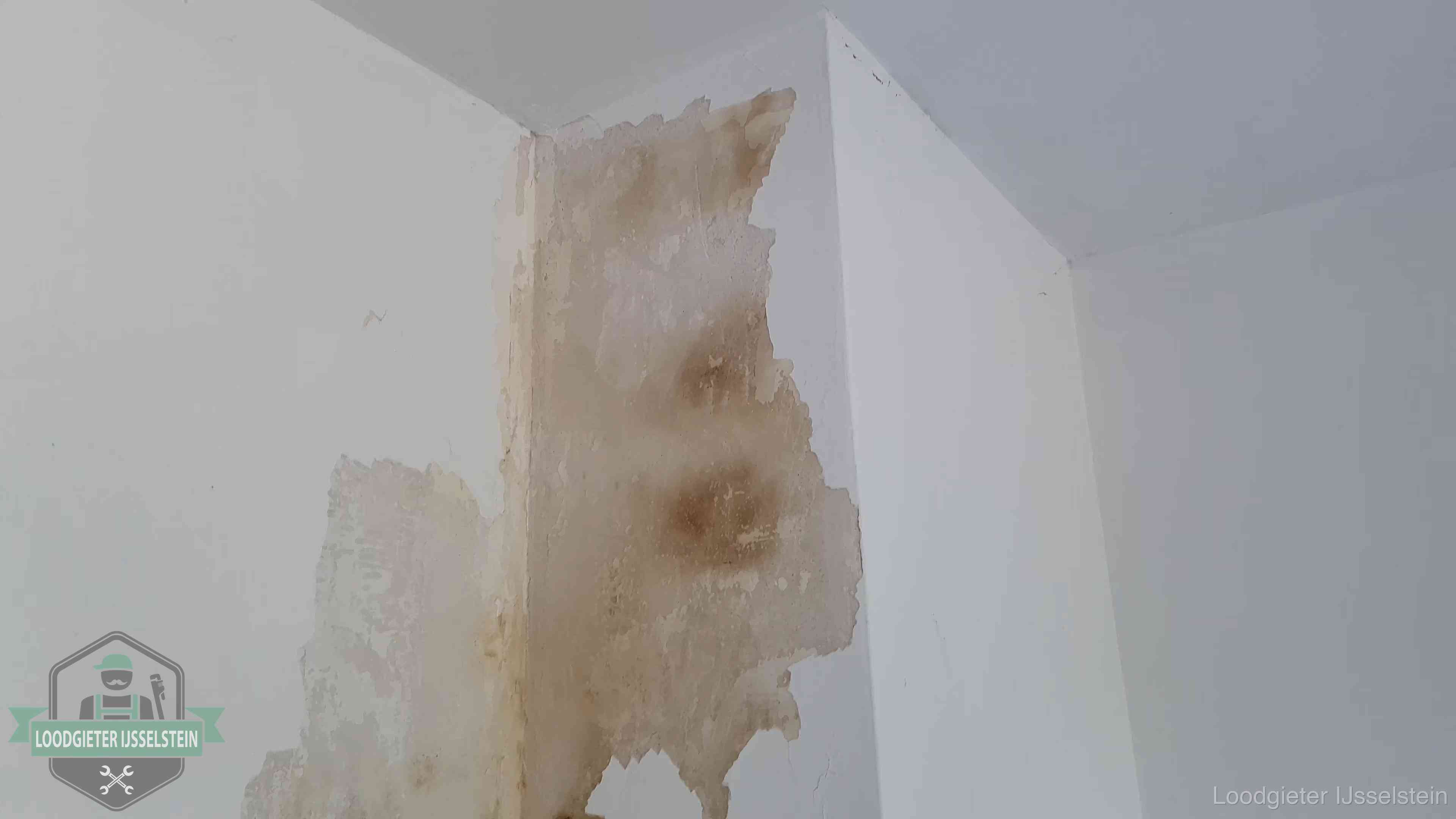 Bruine vochtkringen en afbladderend stucwerk op een binnenmuur in IJsselstein, een eerste teken van daklekkage